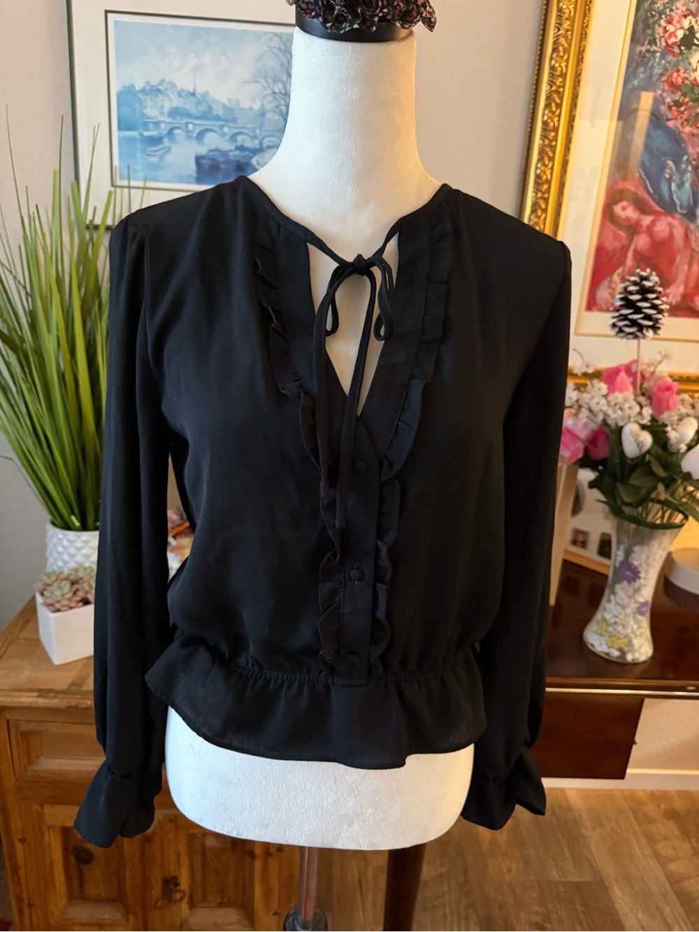 FAVLUX Black Ruffle Tie-Neck Long Sleeve Blouse